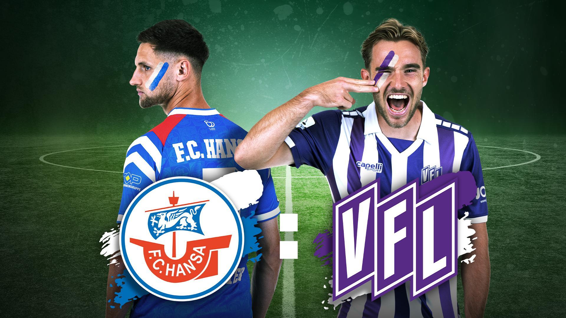 Werbegrafik mit Spielerinnen von Hansa Rostock und VfL Osnabrück mit Vereinslogos.